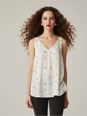 RW&CO. Hearts V-Neck White Flowy Tank Top - Size M